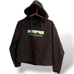 Patagonia Black Crewneck Hoodie with Multicolor Logo has Pockets